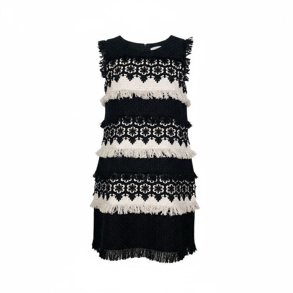 Boston Proper Fringed Textured Lace Sleeveless Tweed Sheath Dress Black Size 12